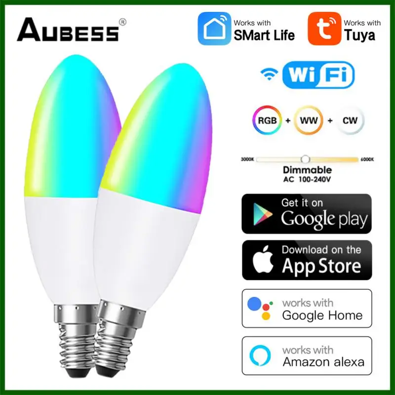 

Умная светодиодсветильник лампа TUYA, лампа с поддержкой Wi-Fi, Е14, RGB, с регулировкой яркости и голосовым управлением