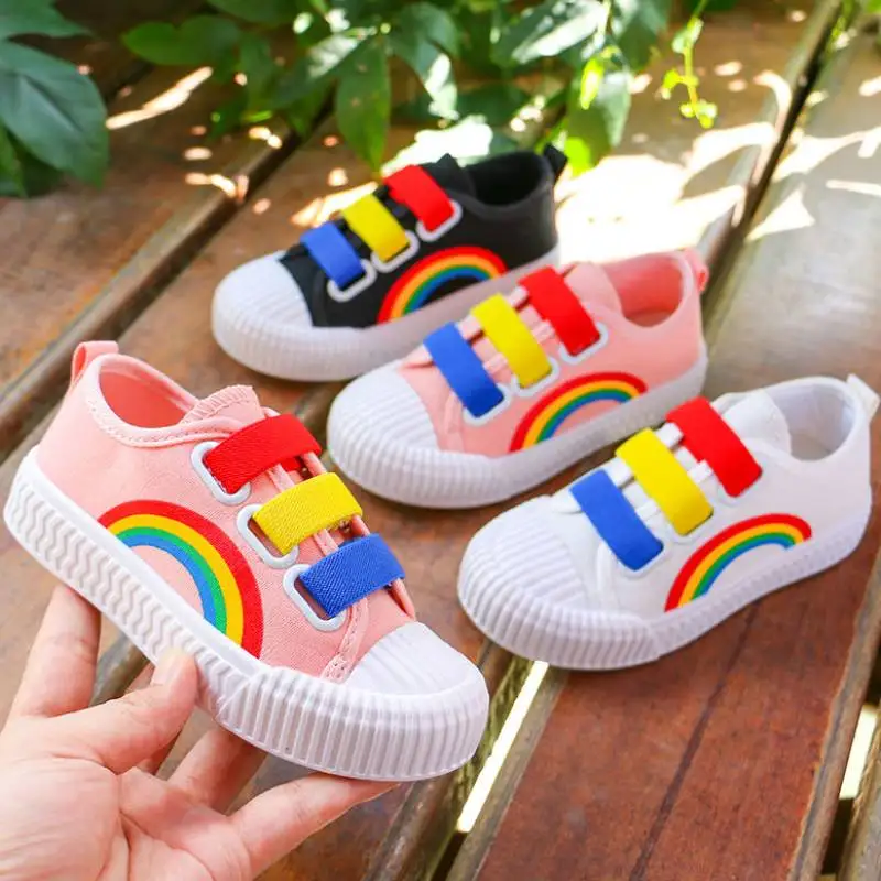 

Children Spring Autunm Canvas Shoes Girls Rainbow Shoes Breathable Sport Shoes Kids Fashion Off White Colorful Shoelaces