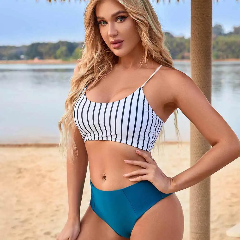 

2022 Women Swimsuit High Waist Split bandage Bikini Striped Padded Bathing Suit Maillot De Bain Femme Deux Pieces Rz*