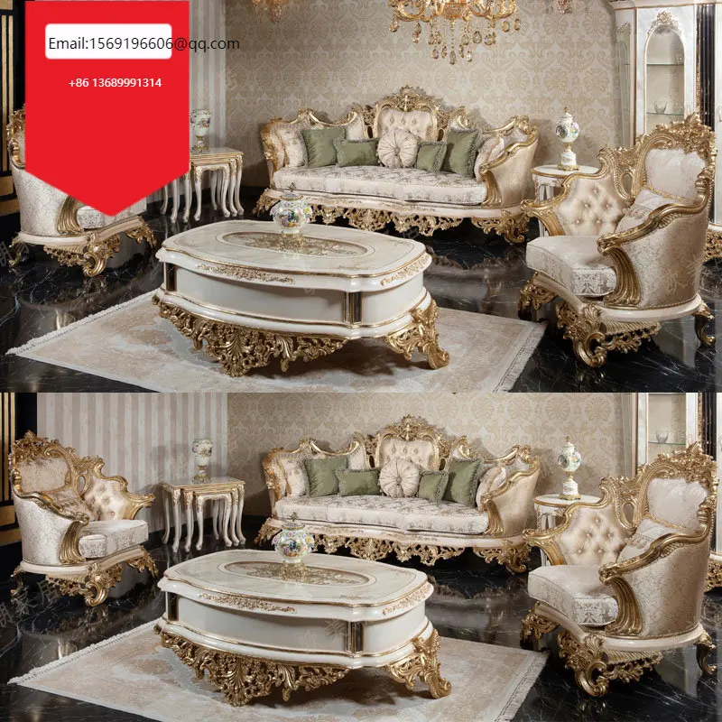

Customization Luxury Solid Wood Cloth Sofa with Hand-carved Fabric French Palace Living Room Villa Furniture Combination Court