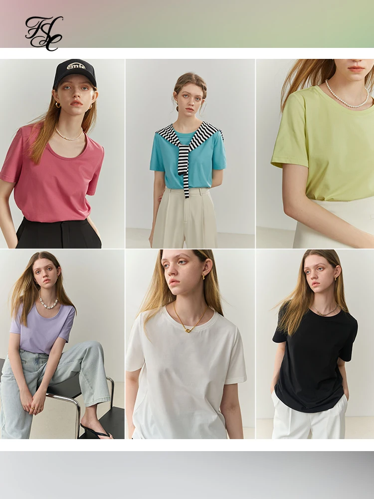 

FSLE Red Green Black White Women T-shirts O-Neck U-Neck 2022 Summer New Solid Women T-Shirts Short Slevee Casual Women Tops