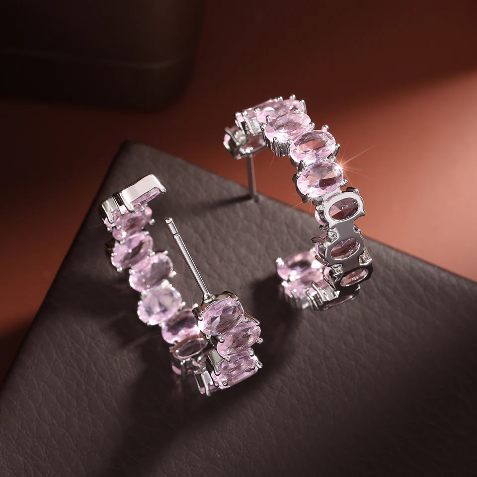 ZAKOL новые розовые овальные циркониевые серьги-кольца в форме CC для женщин модные