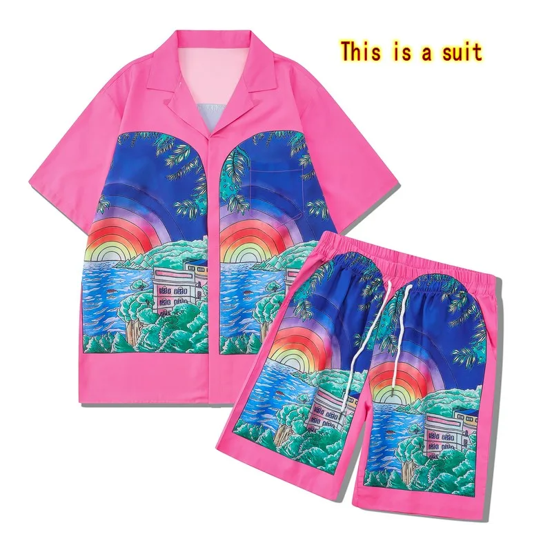 

2023ss розовая рубашка с радужным рисунком Касабланки, мужские и женские Гавайские рубашки высшего качества