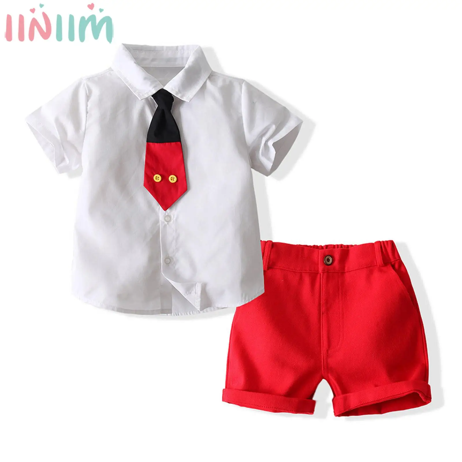 

Детский костюм джентльмена в стиле преппи для мальчиков, рубашка с коротким рукавом и галстуком и шорты для школы, свадьбы, дня рождения, на ...