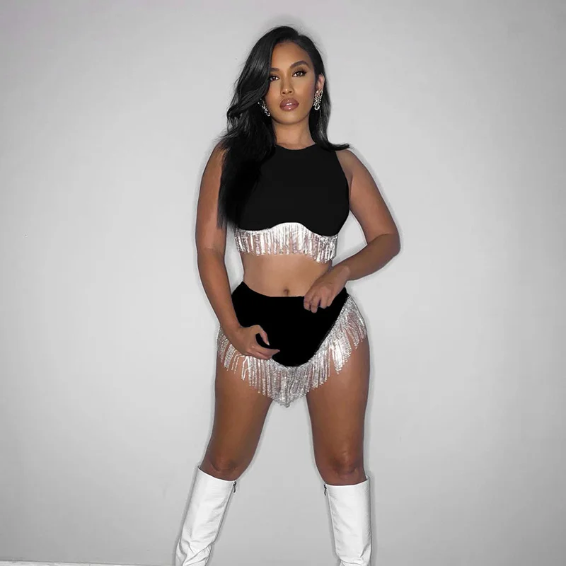 

Женский комплект из 2 предметов Zabrina, укороченный топ на бретельках без рукавов и шорты, элегантный вечерний костюм с кисточками, Y2K