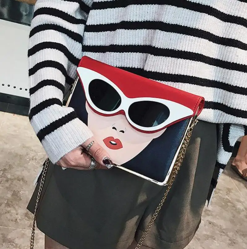 Single shoulder slung small square bag PU fashion contrast color 3D three-dimensional beauty glasses pattern chain shoulder bag