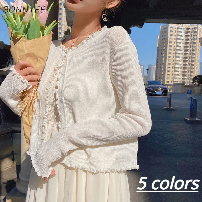 

Cardigan Women Sweaters Ulzzang All-match Teens Spring Sweet Solid 2023 Single Breasted Simple Slim Trendy Knitting Lovely Girls