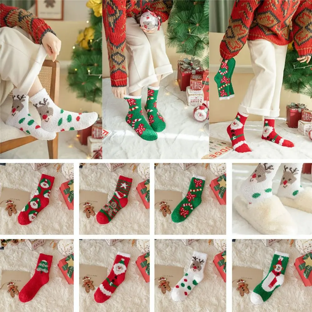 

Рождественские носки из кораллового флиса, подарочные носки для рождественского сна с изображением снеговика, лося, теплые плюшевые носки с Санта-Клаусом, Рождество