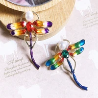 simple color dragonfly crystal pearl brooch alloy enamel clothing accessories brooches party wedding gift