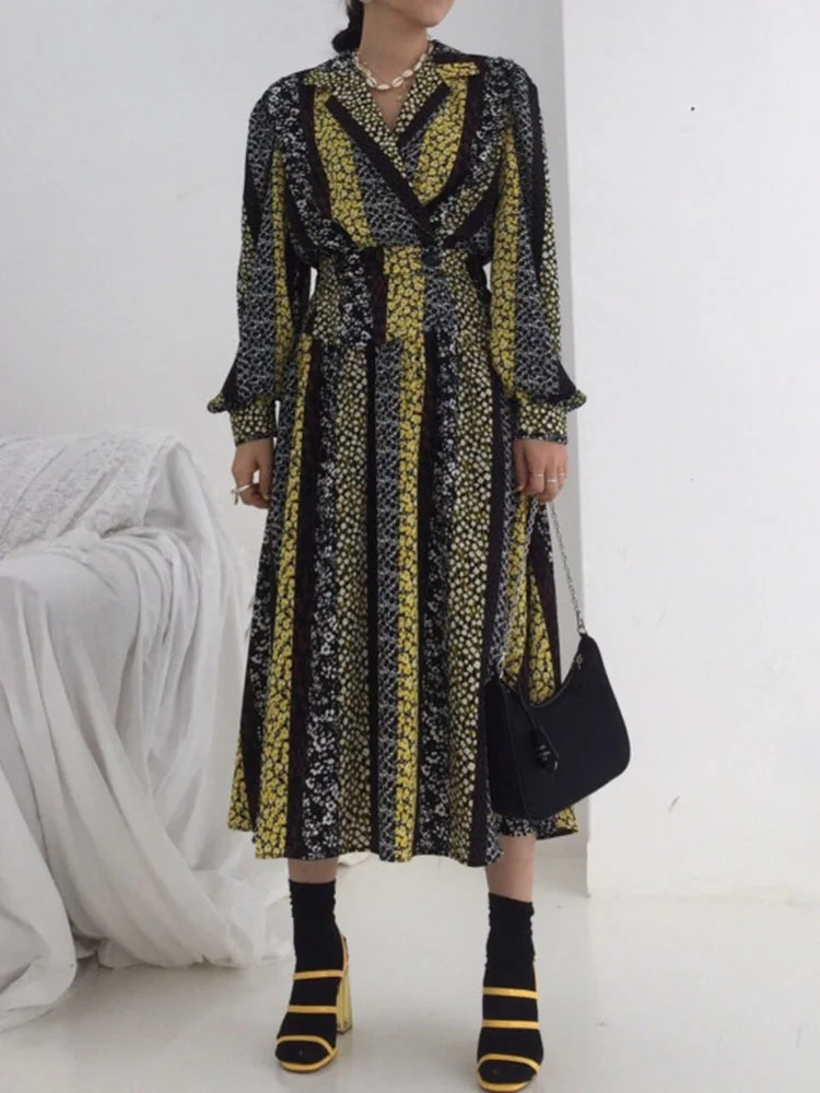 

Vintage Contrast Notched Double Pocket Design Women Spring 2022 New Waist Closing Puff Sleeve Midi Long Dress Tide B576