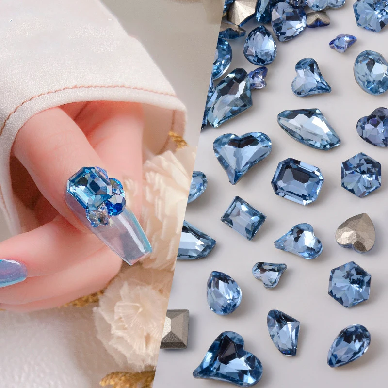 

10Pcs Light Blue Series Nail Art Crystal Glass Rhinestones Multi-Shapes Sharp Bottom DIY Gem Stones For Nail Art Decorations