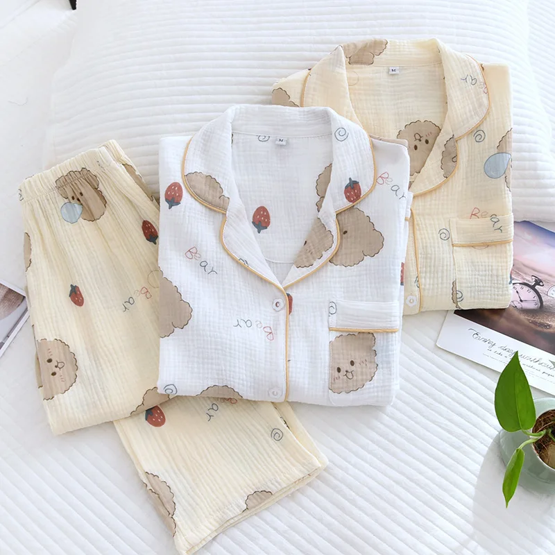 Cartoon Women's Pajamas Sleepwear 100% Cotton Pijama Pyjamas Women Loungewear Winter Set Woman 2 Pieces Sleepwear For Sleeping