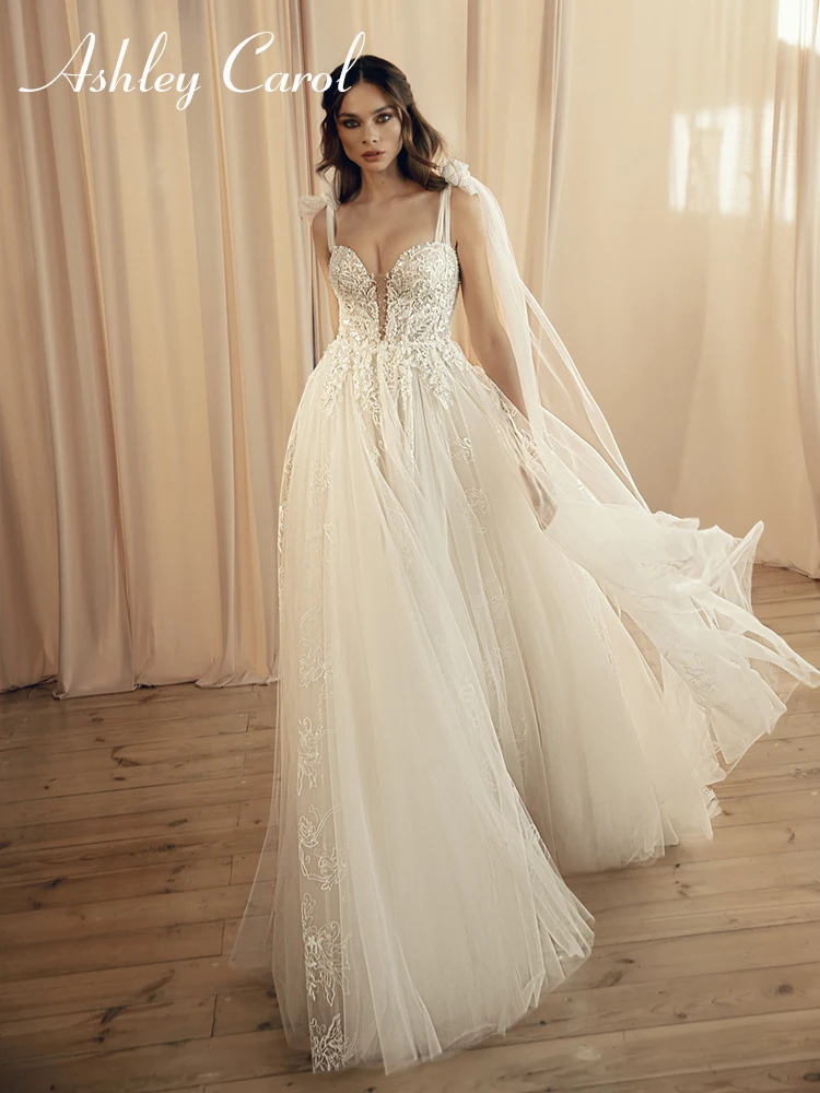 

Ashley Carol Boho Wedding Dress 2022 Spaghetti Straps Bride Dresses Dreamy Ribbons Sweetheart Appliques Tulle Vestidos De Novia