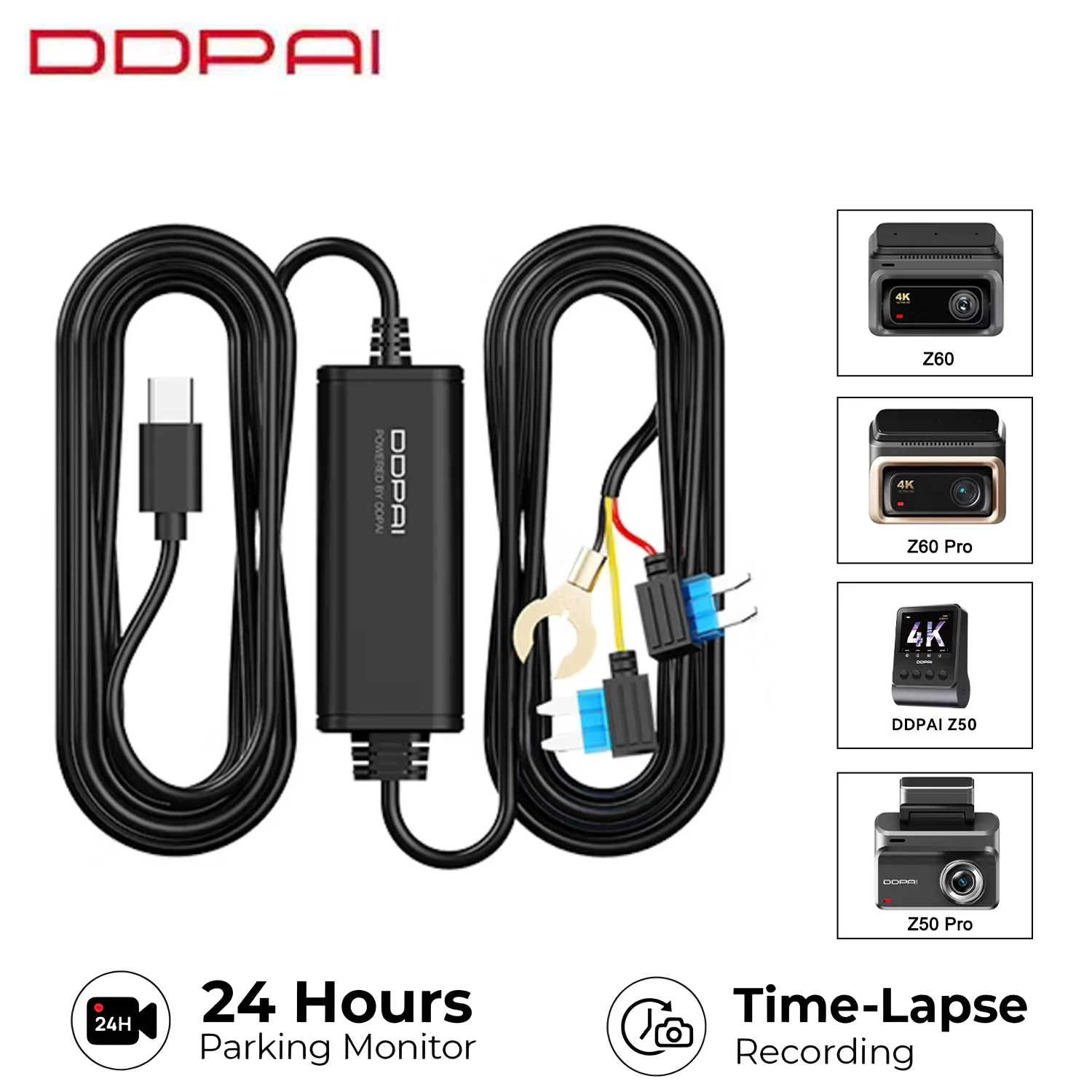 

DDPAI Z60/Z60 Pro/Z50/Z50 Pro Комплект жесткого провода Type-C Автомобильное зарядное устройство Hardkit Автомобильный видеорегистратор Видеорегистратор Камера Зарядный кабель 24-часовой парковочный монитор