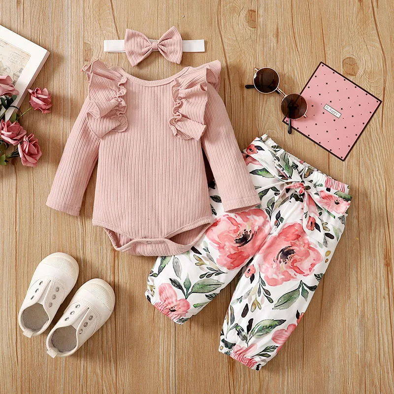 

Autumn Newborn Infant Baby Girl Clothes Set Toddler Girls Romper+Print Pants+Headband 3PCS Baby Girl Outfits 0-12M