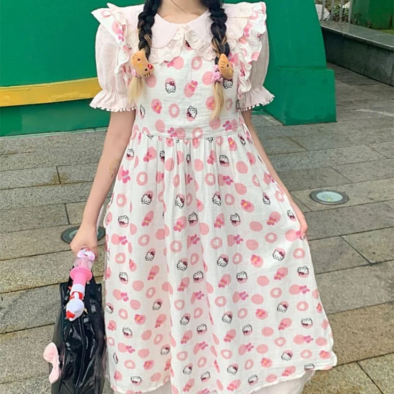 

Sanrio Hello Kitty Outerwear Sundress Doll Collar Dress Two Piece Suit Cute Cartoon Sweet Girl Long Skirt Loose Summer New