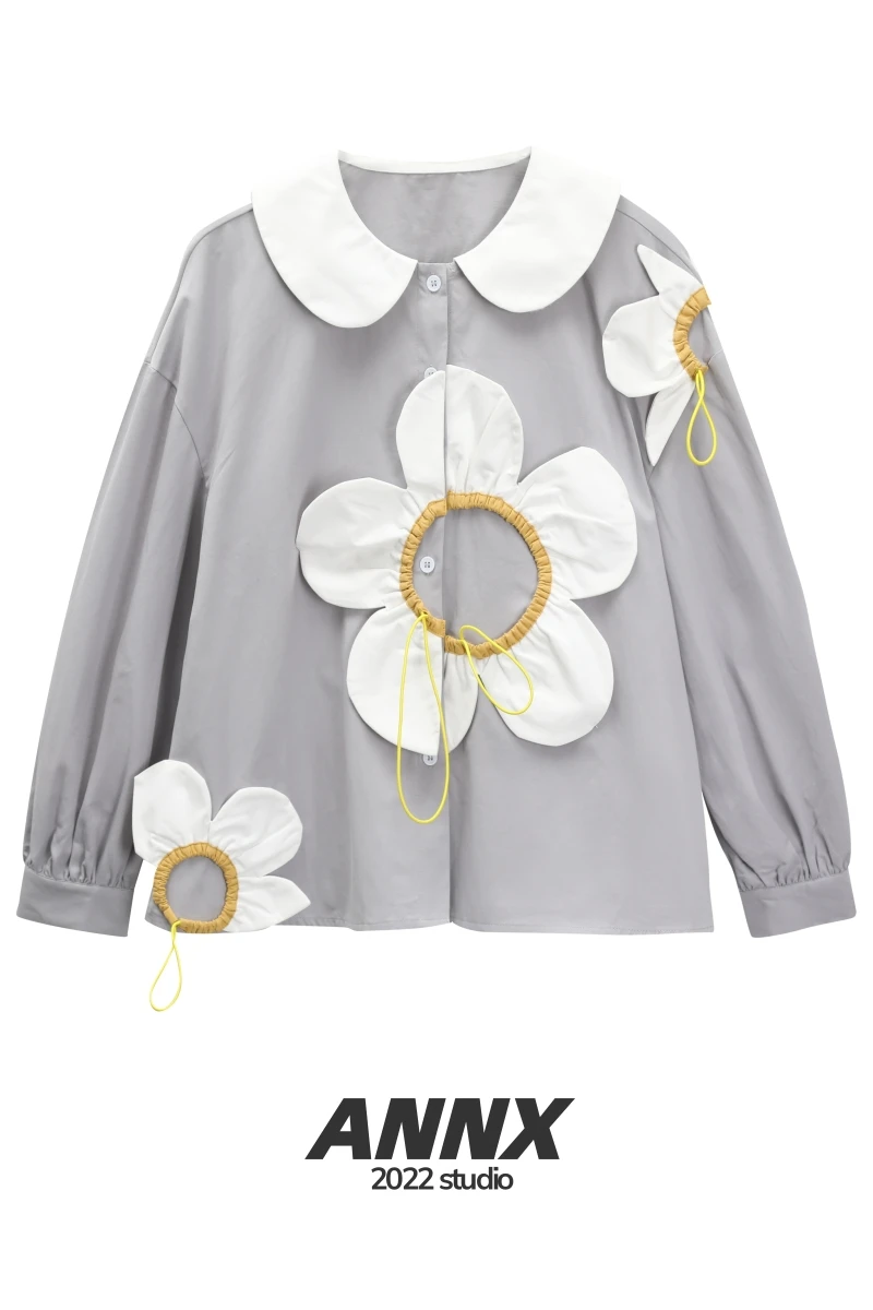 

SuperAen High-grade Flower Bubble Sleeve Shirt New Autumn Chic Grey Top Patchwork Shirt