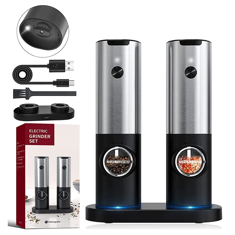 Electric Salt Grinder Set USB Rechargeable Electric Pepper Mill With LED Light Adjustable Coarseness Kitchen Tools Thanksgiving