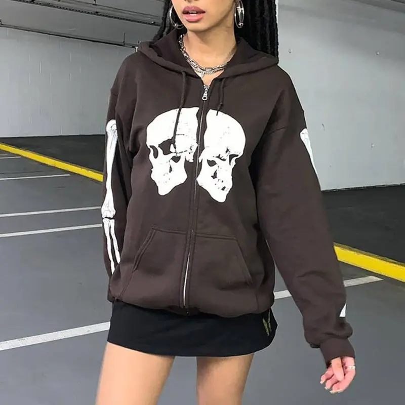 

Harajuku Zip-up Y2K Loose Skull Print Goth Hoodies Women Solid Color Retro Hooded Coat Clothes Skull Sweatshirt Women