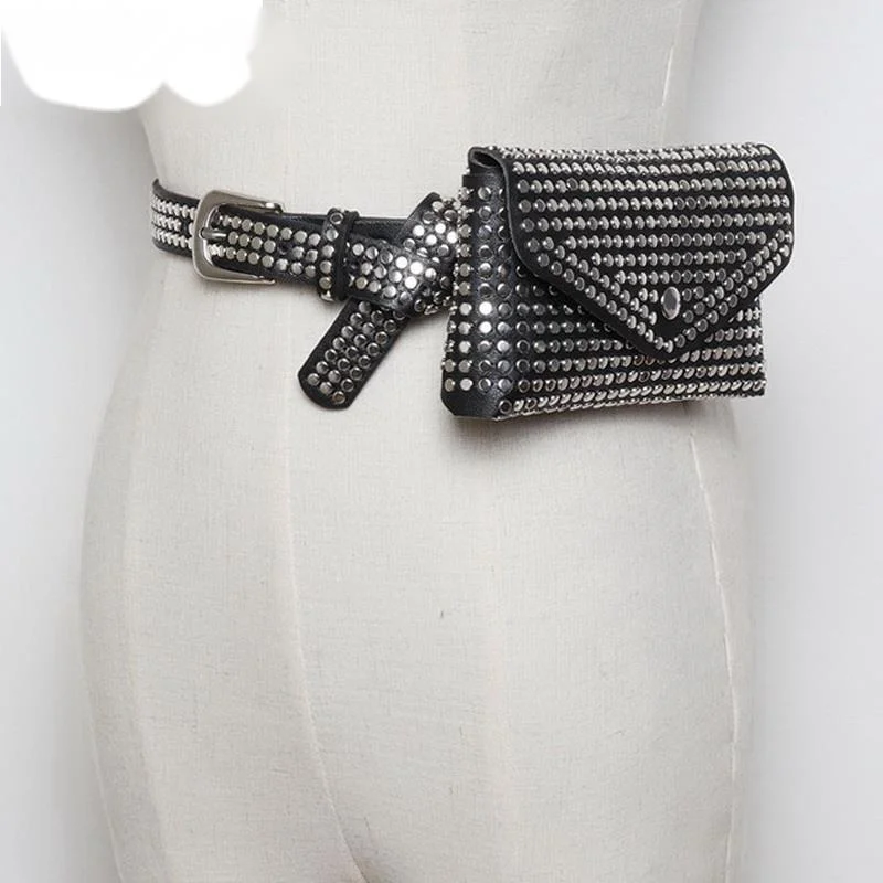 

Модная роскошная дизайнерская поясная сумка с заклепками, забавная Маленькая женская сумочка для телефона в стиле панк, кошелек на ремне