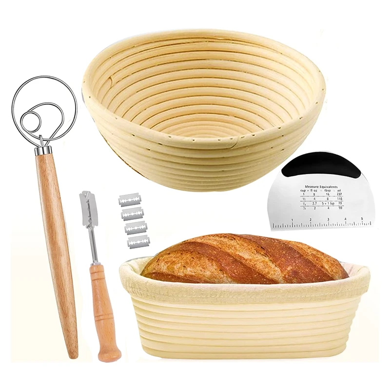 

Bread Proofing Basket SET Of 2 With Starter Kit-Round And Ovel Bread Baking Bowl Tools -Bread Lame- Dough Scraper