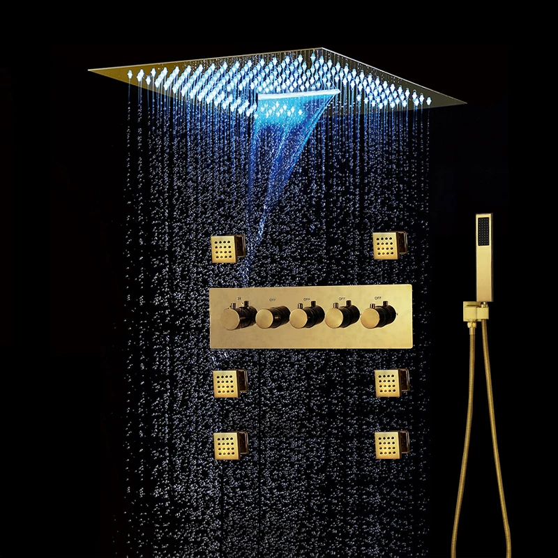 

4 Functions Thermostatic Rain Shower System Rose /Brushed/Polished Gold Embedded Ceiling LED Music Shower Head Bathroom Diverter