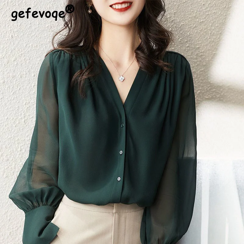 

Spring Autumn Office Ladies Elegant Sexy Long Sleeve Button Shirt Fashion French Ruffled V-neck Loose Chiffon Blouses Tops Women