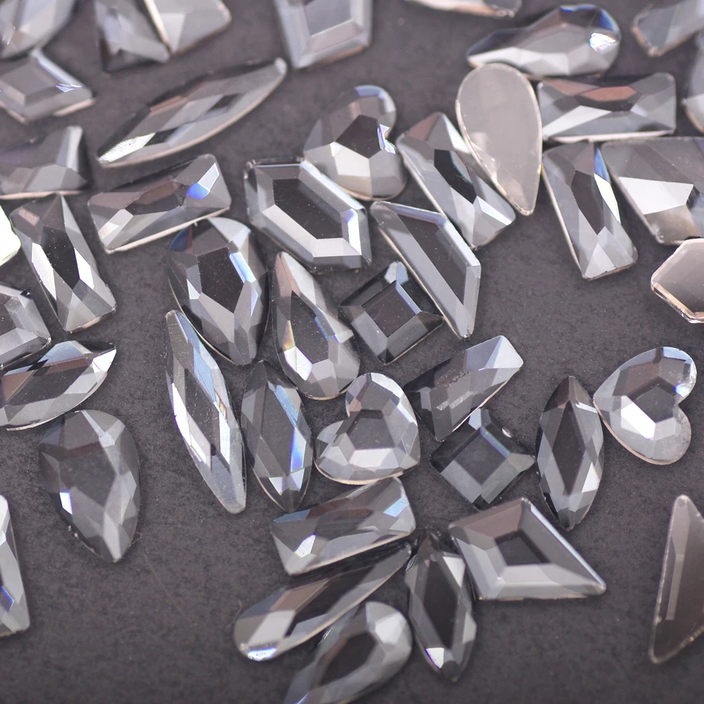 

100 шт./упак. прозрачные серые кристаллы Камни для рукоделия 15 фигур высококачественное стекло AB без горячей фиксации Стразы для самостоятел...