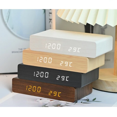 Цифровой будильник в тонах дерева со светодиодным дисплеем, беспроводная зарядка, время, температура, дата для спальни, квартиры, украшения дома