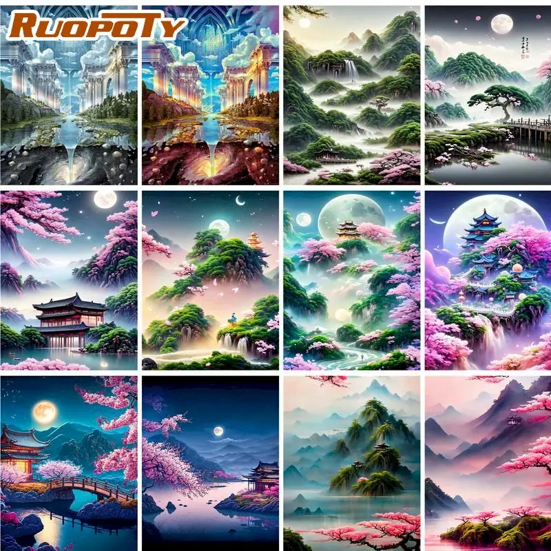 

RUOPOTY DIY Oil Painting By Numbers Mountain Scenery Picture By Number 60x75cm Framed On Canvas Home Decor Artwork