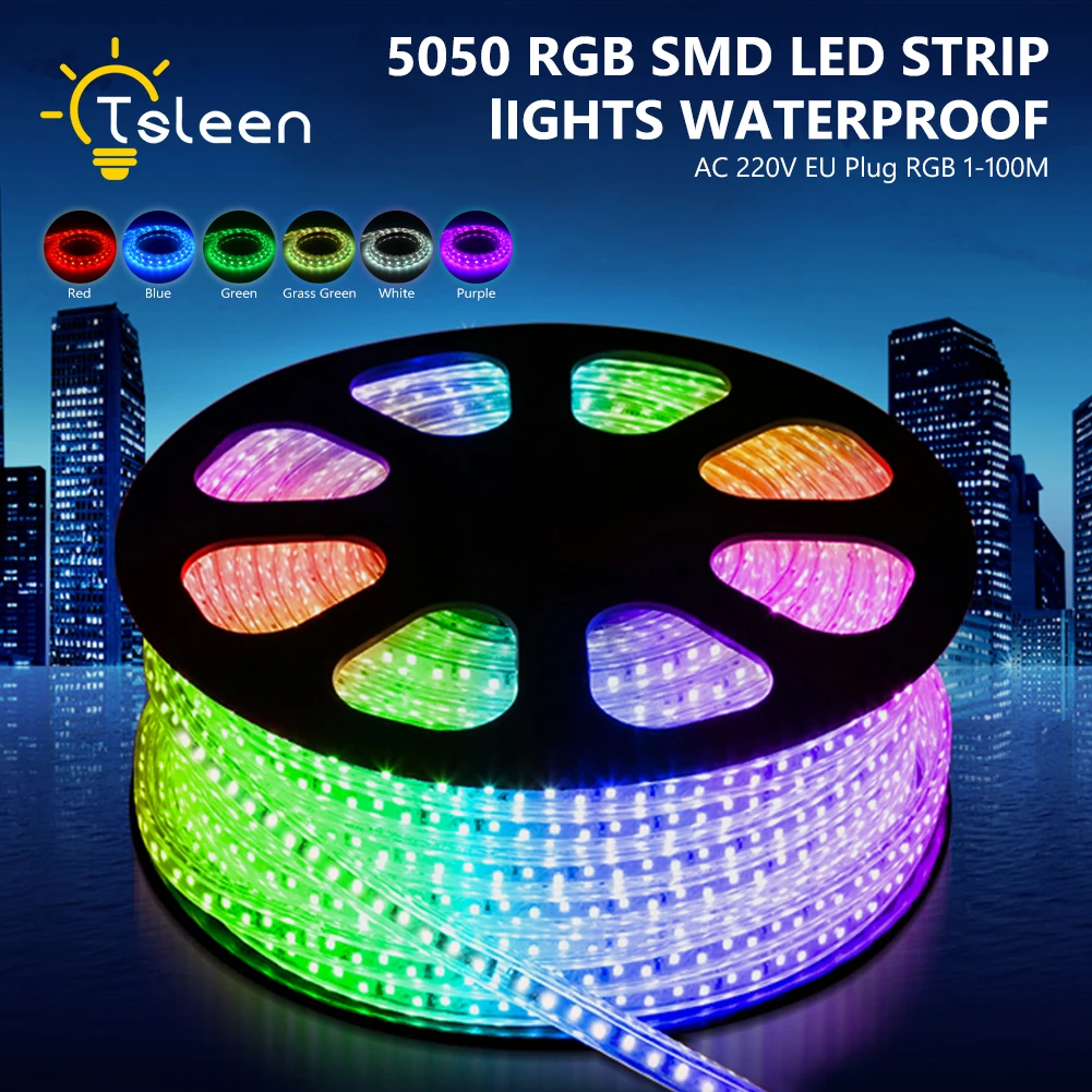 

1M 5M 10M 15M 220V LED Strip Light with EU Switch Plug 60LEDs/m 5050 SMD RGB IP67 Waterproof Ribbon LED Tape For Home Lighting