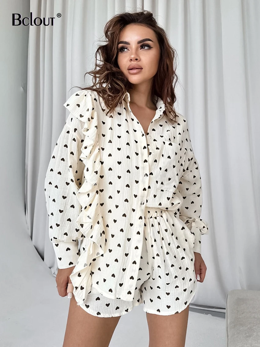 

Комплект Bclout женский из 2 предметов, элегантная хлопковая блузка с длинным рукавом и оборками, бежевый костюм с шортами с высокой талией, на лето