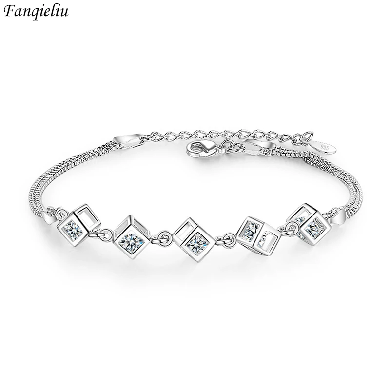 

Fanqieliu S925 Stamp Silver Color CZ Crystal Square Double Chains Link Bracelet For Women New Jewelry Girl Gift Trendy FQL22094