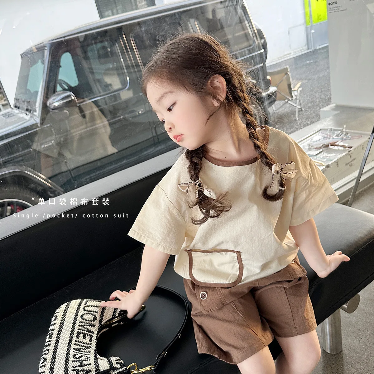

2023 New Summer Child Clothes Sets Short Sleeve O Neck Pockets Apricot 2 Piece Sets Designer Girls Clothes Sets 18M-6T