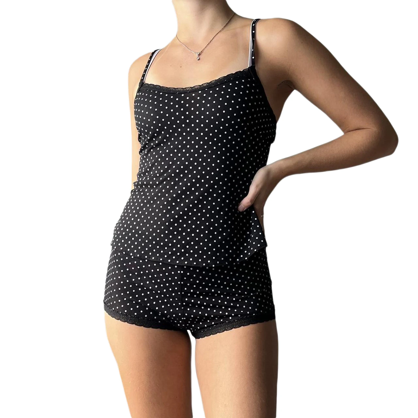 

Women Summer 2 Pieces Outfits Dot Print Sleeveless Spaghetti Strap Sling Tank Tops Camisoles Lace Trim Shorts Set