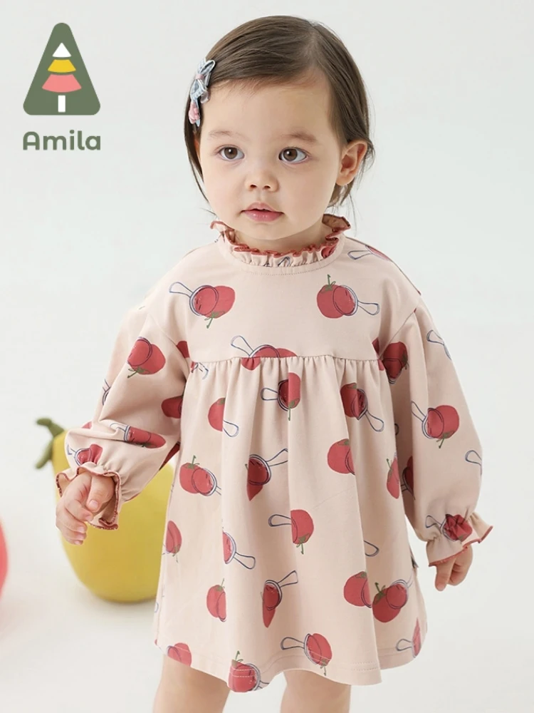 

Платье для маленьких девочек Amila, Новинка весна-осень 2023, милые платья с принтом мультяшных яблок, Детская Милая одежда