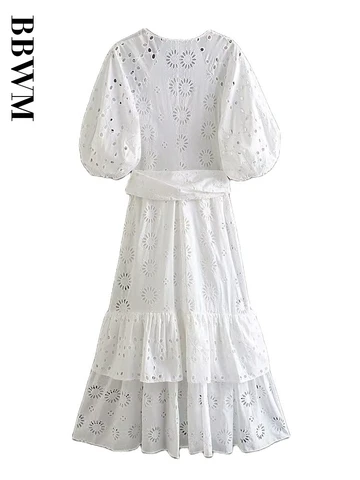 Embroidery Dress Woman White Hollow Out Dress Women Belt Summer Party 2023 Vintage Short Sleeve Chic Female Midi Dresses