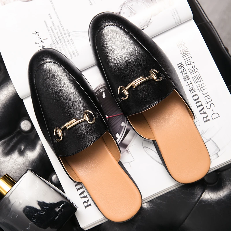 Half Shoes For Men Leather Backless Men Casual Shoes Slip On Flats Black Loafers Mens Footwear Zapato Hombre 2023