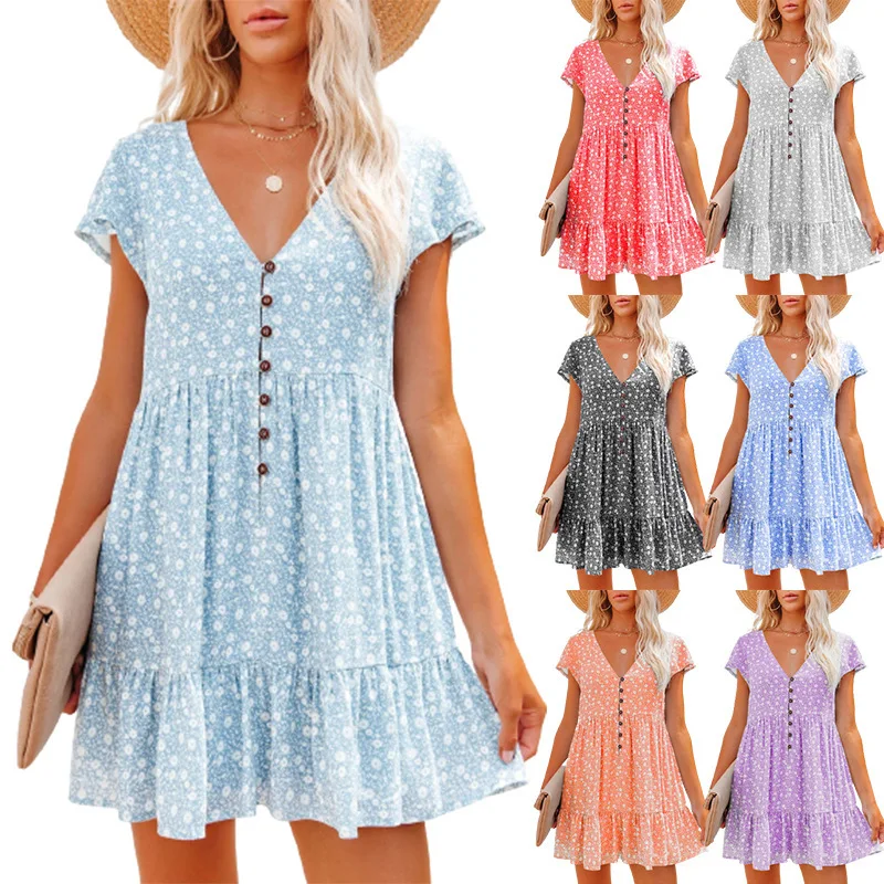 

2022 Summer Ladies Dress Ruffle Print Beach Skirt Short Sleeve V Neck Mini Polka Dot Blue Top