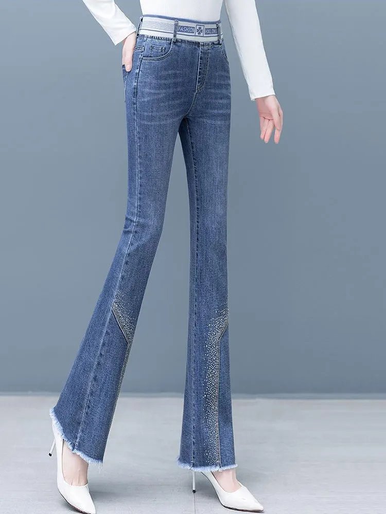 

Женские расклешенные джинсы с высокой талией, новинка 2023, модные облегающие повседневные ковбойские брюки со стразами и кисточками, с эластичным поясом