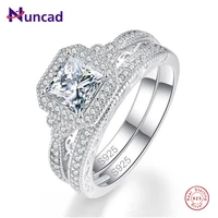nuncad 925 sterling silver rings white clear cz square 2pcs classic engagement rings bridal sets rings for female fine jewelry