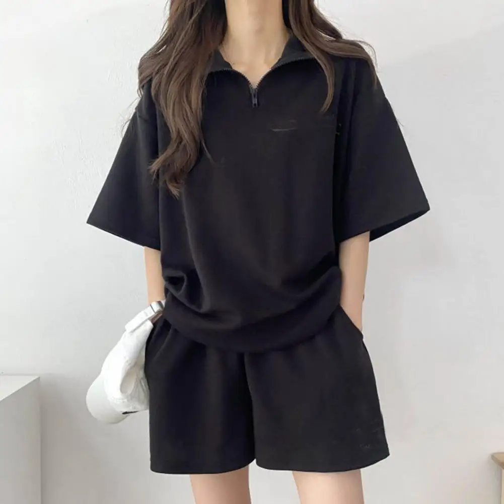 

2 Pcs/Set Sweatshirt Shorts Set Loose Solid Color Lady Loose Outfit Lastic Waist Zipper Collar Soft Summer Lady Tracksuit