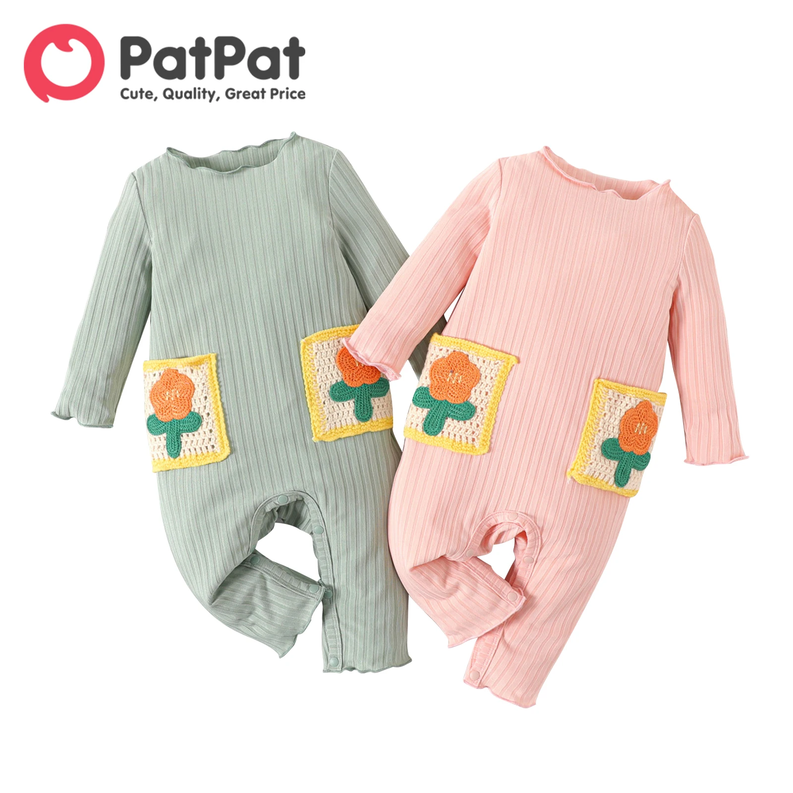 

PatPat Baby Girl Colorblock Knitted Floral Spliced Ribbed Long-sleeve Jumpsuit