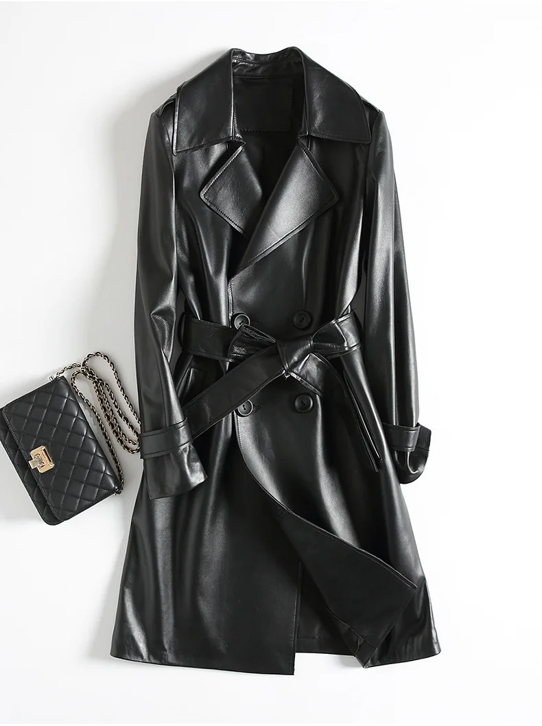 

2023Leather jacket,Genuine Leather Jacket Women Fashion Real Sheepskin Coat Long Trench Female With Belt Autumn Winter Jackets Y