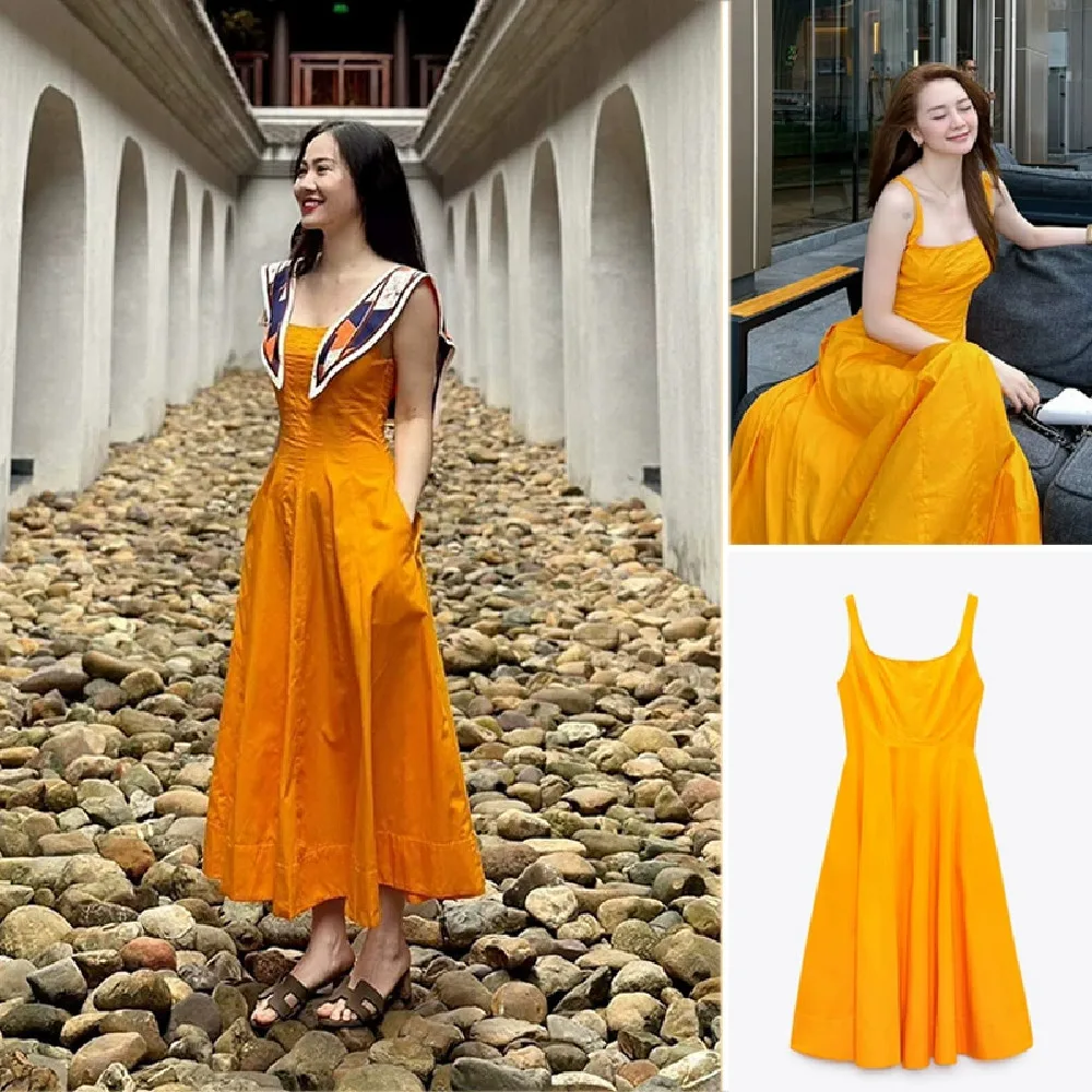 

COS LRIS Europe and the United States 2023 spring new line decoration fluffy skirt wide shoulder strap midi waist dress 2711554