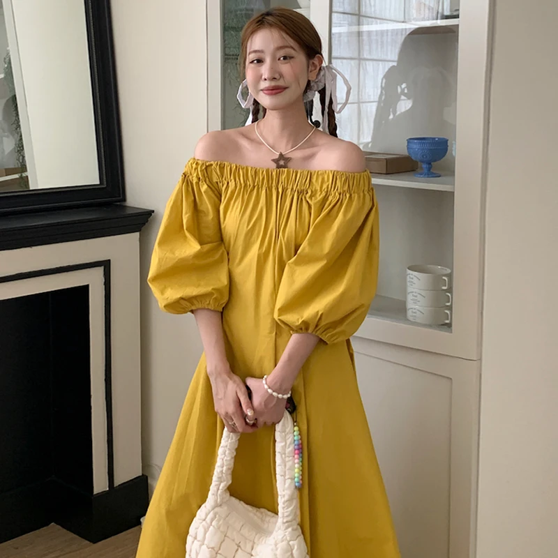

Clothland Women Sweet Off Shoulder Dress Slash Neck Three Quarter Sleeve Back Sashes Summer Midi Dresses Vestido QC445