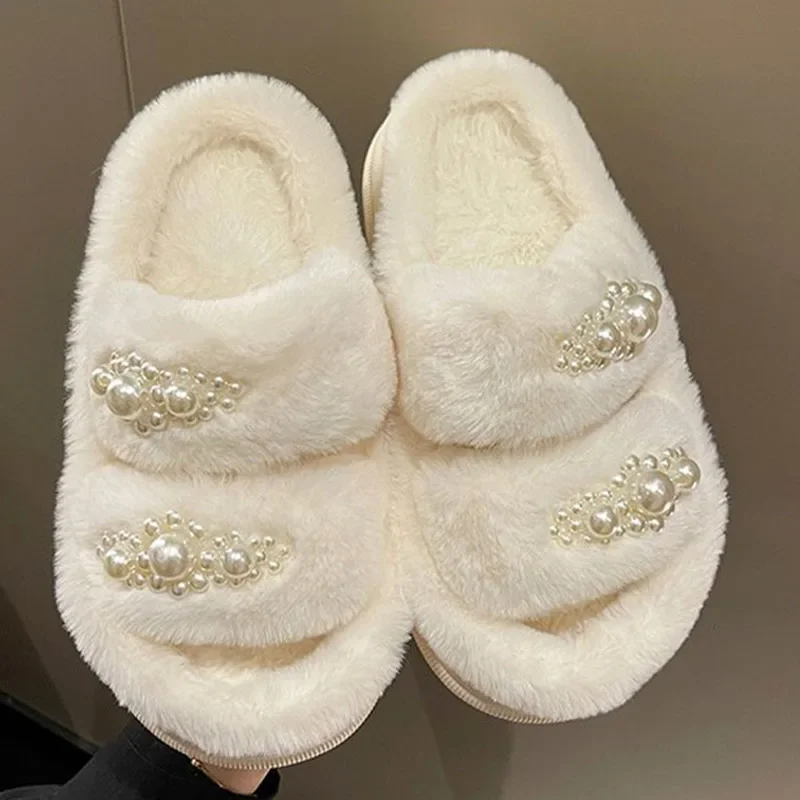 

2023 Pearl Decor Double Band Winter New Women Slipper Soft Fur Heel Platform Fur Warm Indoor Lady Open Toe Fluffy Home Slippers