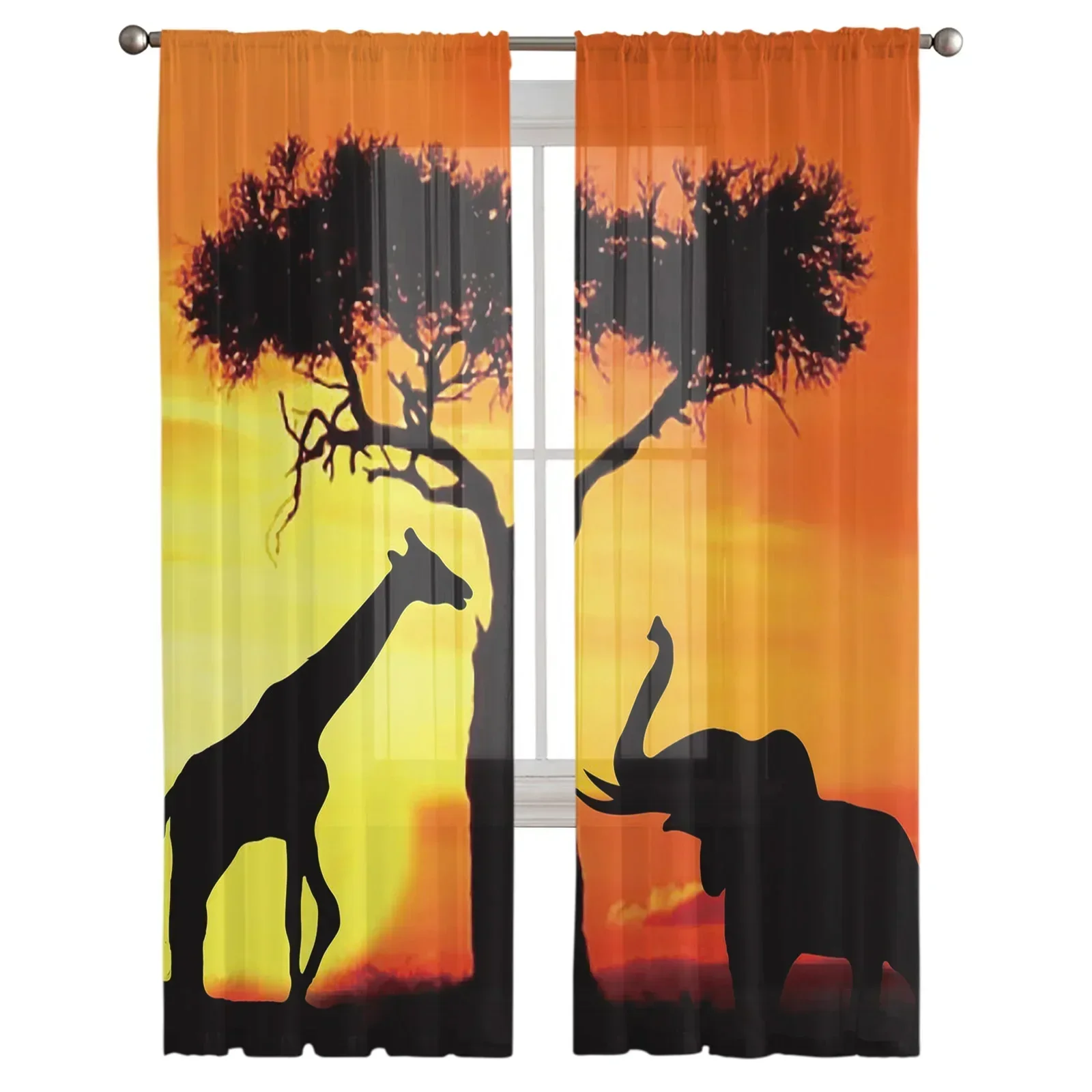 Сумерки Африки Слон Жираф Дерево Силуэты Шифоновые Прозрачные Шторы Гостиная