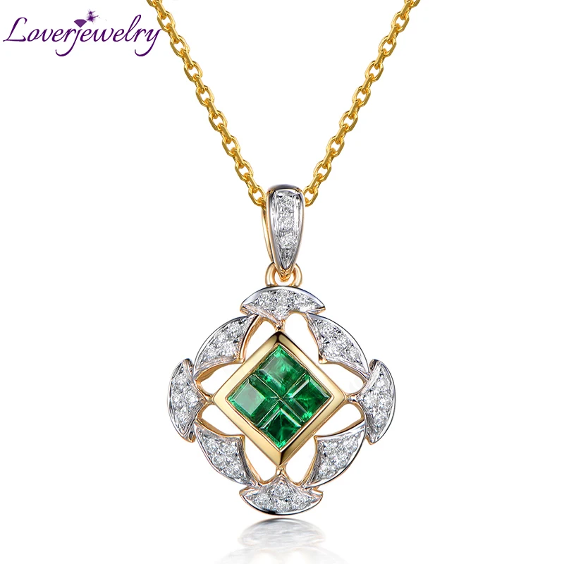 

LOVERJEWELRY Luxury Jewelry Pure 18Kt Yellow Au750 Gold Real SI Diamonds 100% Natural Green Emerald Pendants for Women Birthday