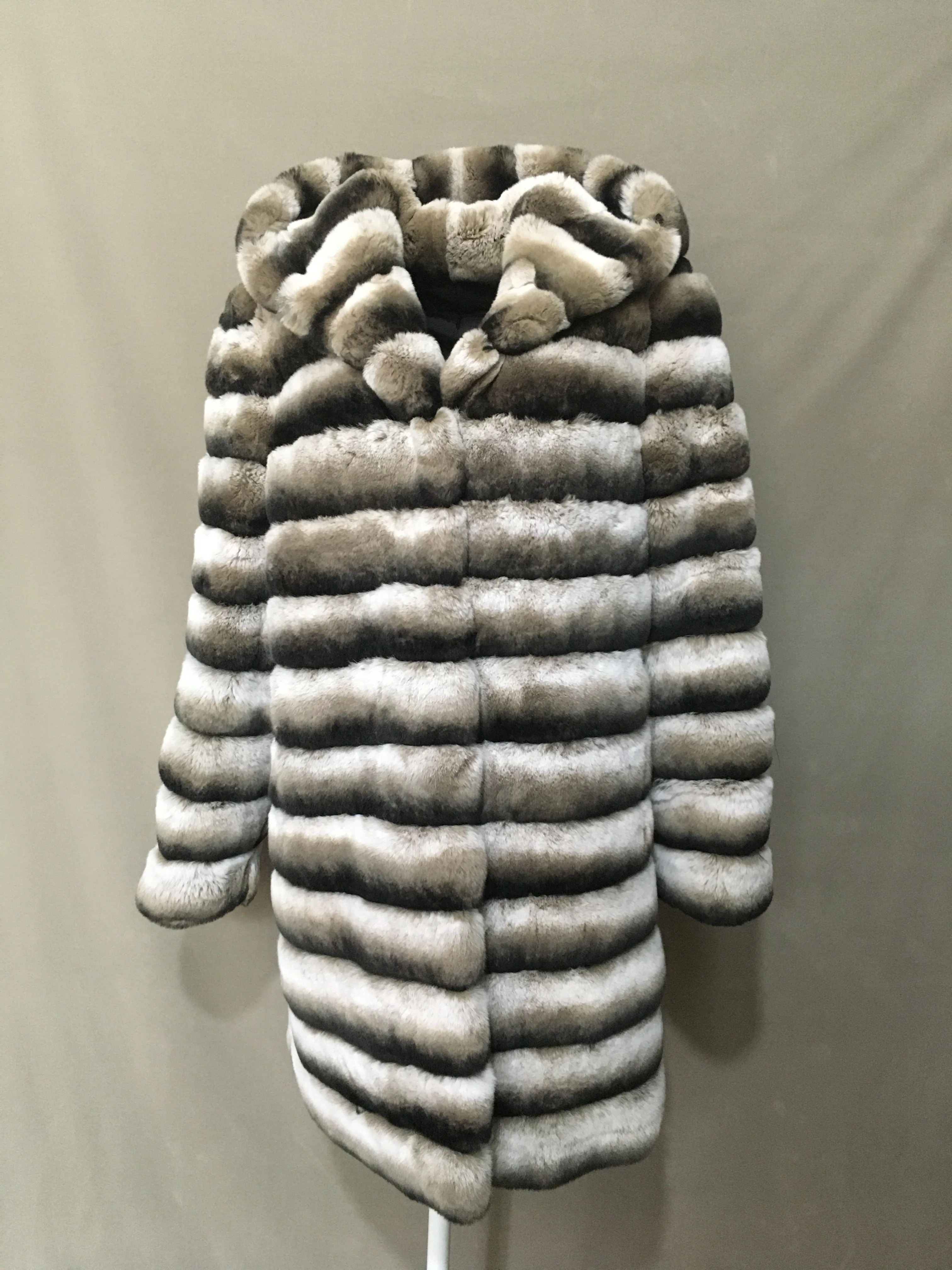 

on sale rex rabbit fur chinchilla coat with hood stripe 2023 winter furry fluffy luxurious brown chinchilla